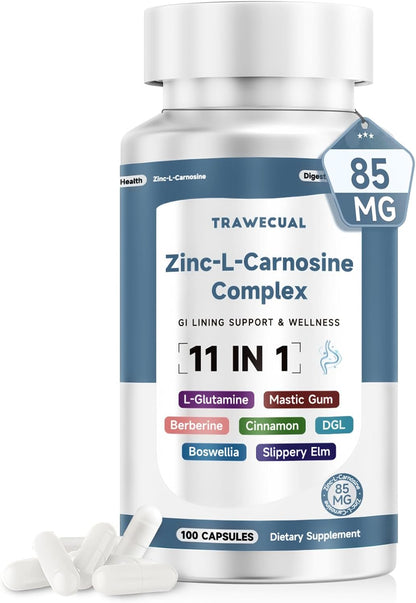 Zinc L Carnosine Complex 85mg, 11-in-1 Digestive & Gut Health Support | Soothing Herbal Extract Blend, L-Glutamine & Mastic Gum, 100 Capsules, Non-GMO, Vegan Supplement