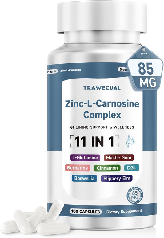 Zinc L Carnosine Complex 85mg, 11-in-1 Digestive & Gut Health Support | Soothing Herbal Extract Blend, L-Glutamine & Mastic Gum, 100 Capsules, Non-GMO, Vegan Supplement