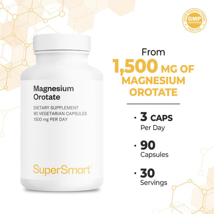 SuperSmart Magnesium Orotate 1500mg per Day - High Absorption Magnesium Supplement | Non GMO & Gluten Free - 90 Vegetarian Capsules