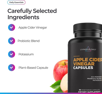 Livingood Daily Apple Cider Vinegar Capsules with The Mother (1500mg) - ACV Pills with Probiotics & Potassium for Women & Men - Supports Gut Health, Digestion, Appetite & Weight - Vegan, 90 Capsules