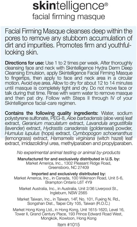 Skintelligence® Facial Firming Masque: 12-Minute Skin Firming Facial Mask for Tighter, Toned, and Smoother Appearing Skin - Deep Cleansing, Wrinkle with Aloe and Lavender Extracts (4 fl. oz.)