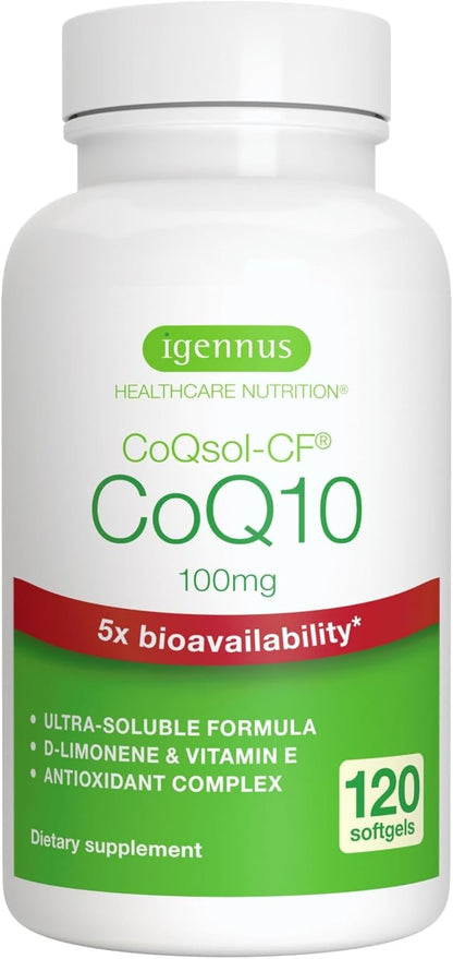 Igennus Advanced CoQ10 100mg, 5X Bioavailability CoQsol-CF Boosted with D-Limonene, 120 1-a-Day Servings, Heart & Energy, Ubiquinone Coenzyme Q10 & Vitamin E Antioxidant