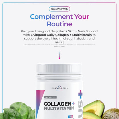 Livingood Daily Hair, Skin & Nails Supplement, 14-in-1 Formula with Biotin, Collagen, Keratin, Bamboo, Selenium, Folate, B12, Zinc and More, Beauty Supplement for Women & Men, Gluten Free, 60 Capsules