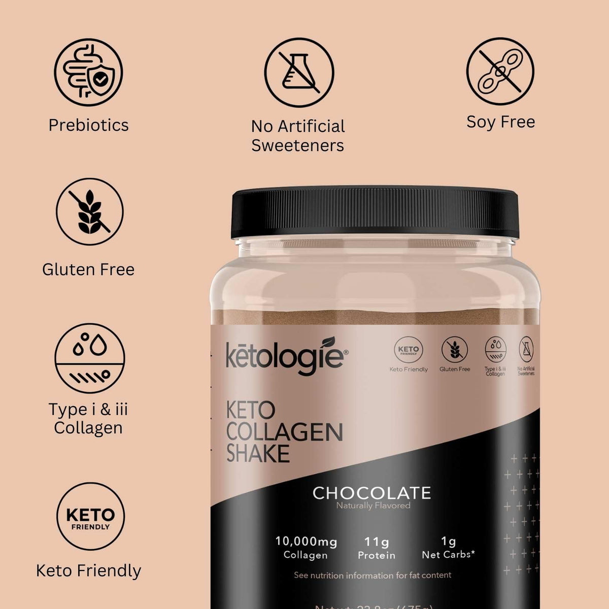 Ketologie Keto Collagen Shake (Chocolate) - with Coconut Oil, Prebiotics, Grass-Fed Hydrolyzed
