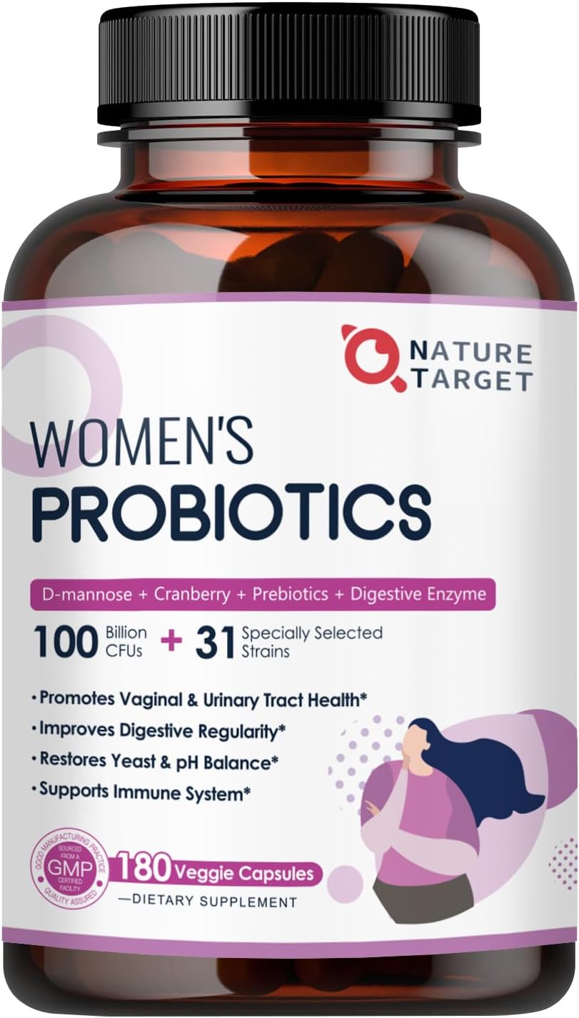 NATURE TARGET Women's Probiotic, 100 Billion CFU, 31 Strains, 90 Servings | With Prebiotic And Enzymes For Digestive Health,Cranberry, D-Mannose Support Urinary Tract & Vaginal Wellness, Shelf-Stable