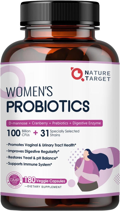 NATURE TARGET Women's Probiotic, 100 Billion CFU, 31 Strains, 90 Servings | With Prebiotic And Enzymes For Digestive Health,Cranberry, D-Mannose Support Urinary Tract & Vaginal Wellness, Shelf-Stable