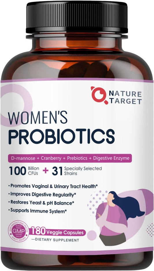 NATURE TARGET Women's Probiotic, 100 Billion CFU, 31 Strains, 90 Servings | With Prebiotic And Enzymes For Digestive Health,Cranberry, D-Mannose Support Urinary Tract & Vaginal Wellness, Shelf-Stable