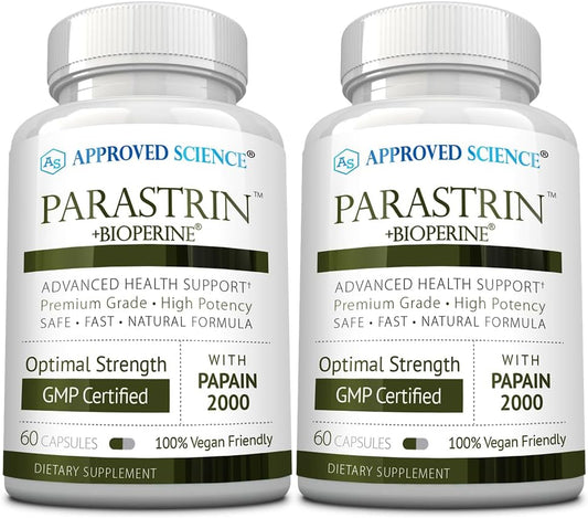 Approved Science Parastrin - Intestinal Detox Cleanse for Humans - Sweet Wormwood Capsules, Black Walnut Hull, Clove, Garlic, Pumpkin, Papain 2000, BioPerine - Men and Women - Vegan - 60 Capsules