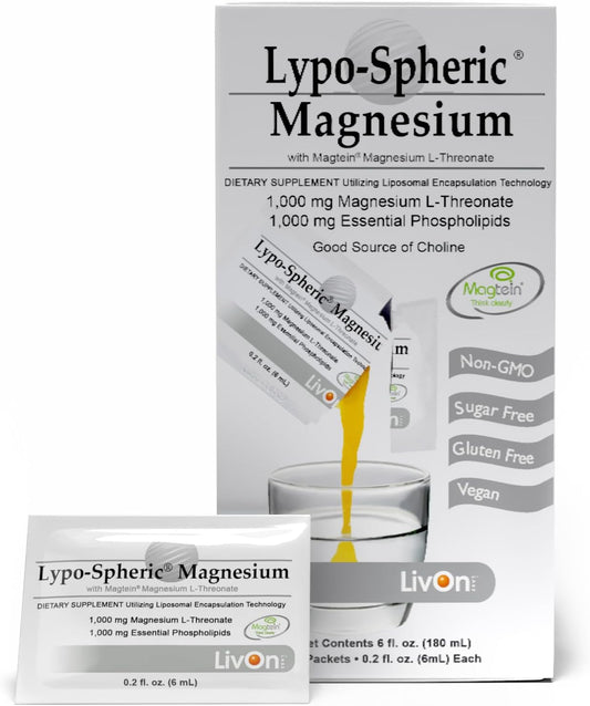 Lypo–Spheric Magnesium L–Threonate – 30 Packets – 1,000 mg Magnesium Per Packet – Liposome Encapsulated for Improved Absorption – Professionally Formulated & 100% Non–GMO