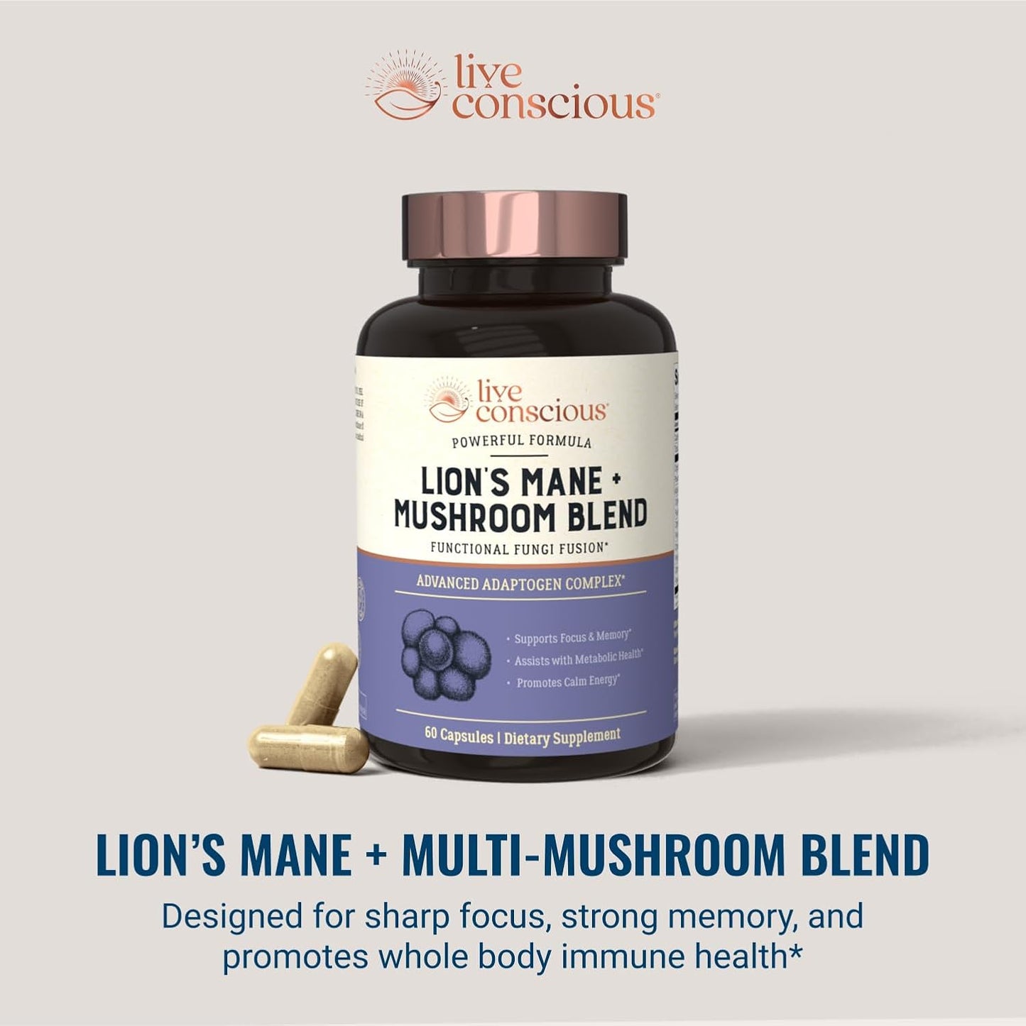 Live Conscious Lions Mane Mushroom Supplement Capsules for Brain Support w/Lion's Mane, Cordyceps, Reishi, and Turkey Tail Mushrooms - Cognitive Memory Supplement for Brain