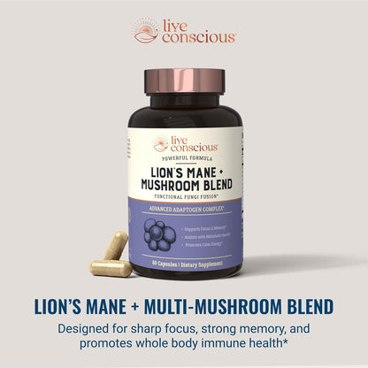 Live Conscious Lions Mane Mushroom Supplement Capsules for Brain Support w/Lion's Mane, Cordyceps, Reishi, and Turkey Tail Mushrooms - Cognitive Memory Supplement for Brain