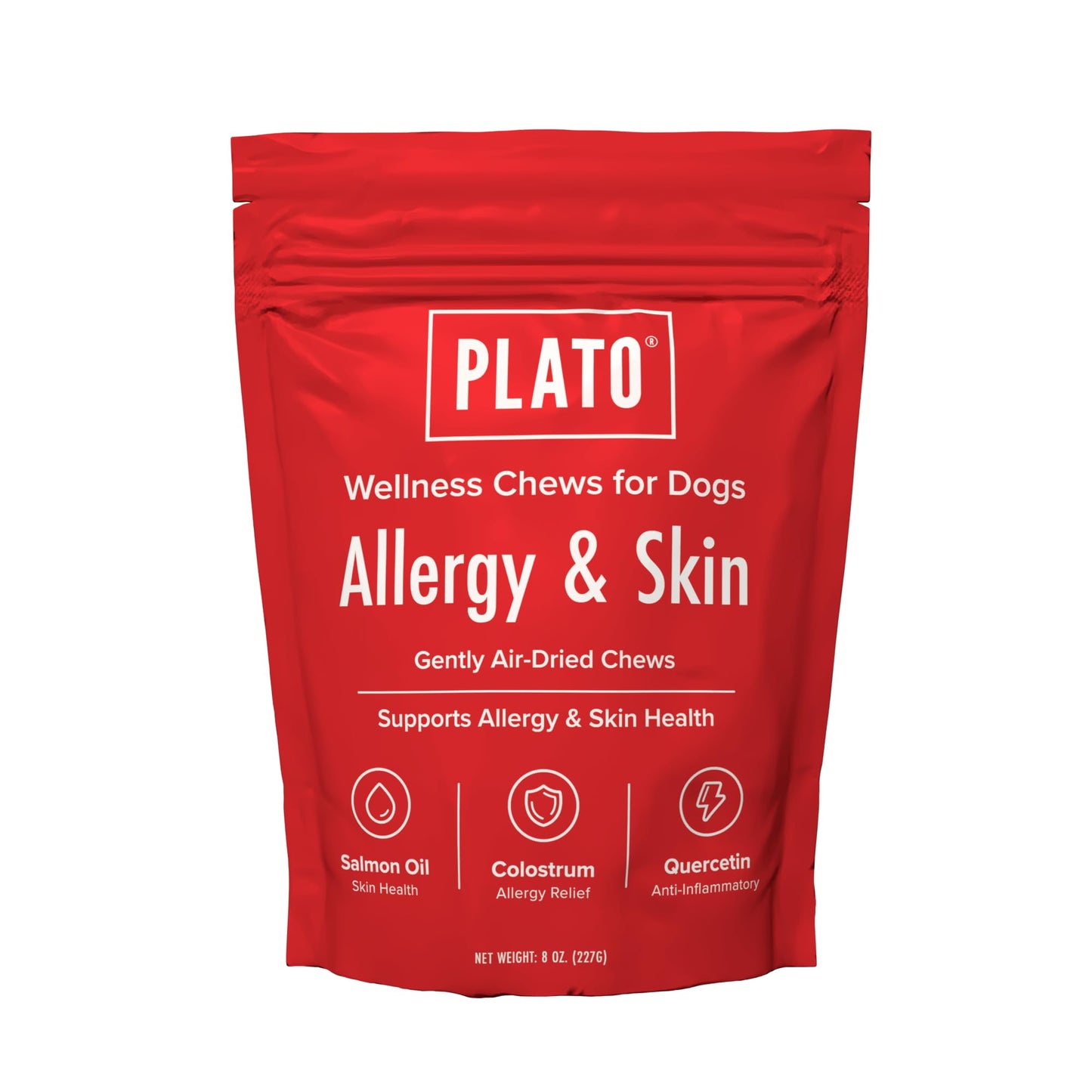 PLATO Pet Treats Air-Dried Wellness Chews for Dogs – Functional Dog Chews – Supports Skin Health & Allergy Relief – Salmon Oil, Colostrum & Quercetin Recipe 8oz