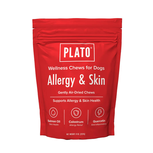 PLATO Pet Treats Air-Dried Wellness Chews for Dogs – Functional Dog Chews – Supports Skin Health & Allergy Relief – Salmon Oil, Colostrum & Quercetin Recipe 8oz