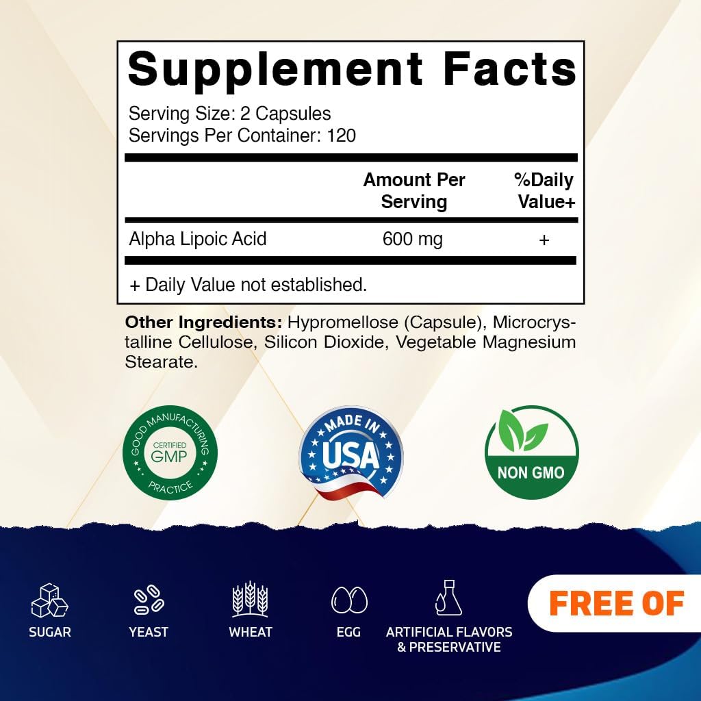 Vitamatic Alpha Lipoic Acid 600 mg Per Serving, 240 Veg Capsules | Support Antioxidant Activity*, Cellular Energy and Glucose Metabolism*, Non-GMO, Gluten Free, Made in USA