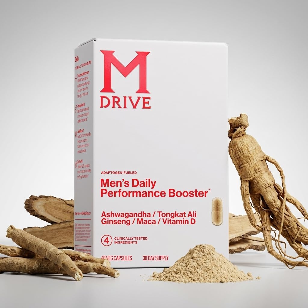 Mdrive Men's Daily Performance Booster Ashwagandha Tongkat Ali 60 Capsules | Adaptogen Fueled Ginseng Maca Vitamin D Comprehensive Health Support Vitality Stamina Stress Relief Non GMO Gluten Free