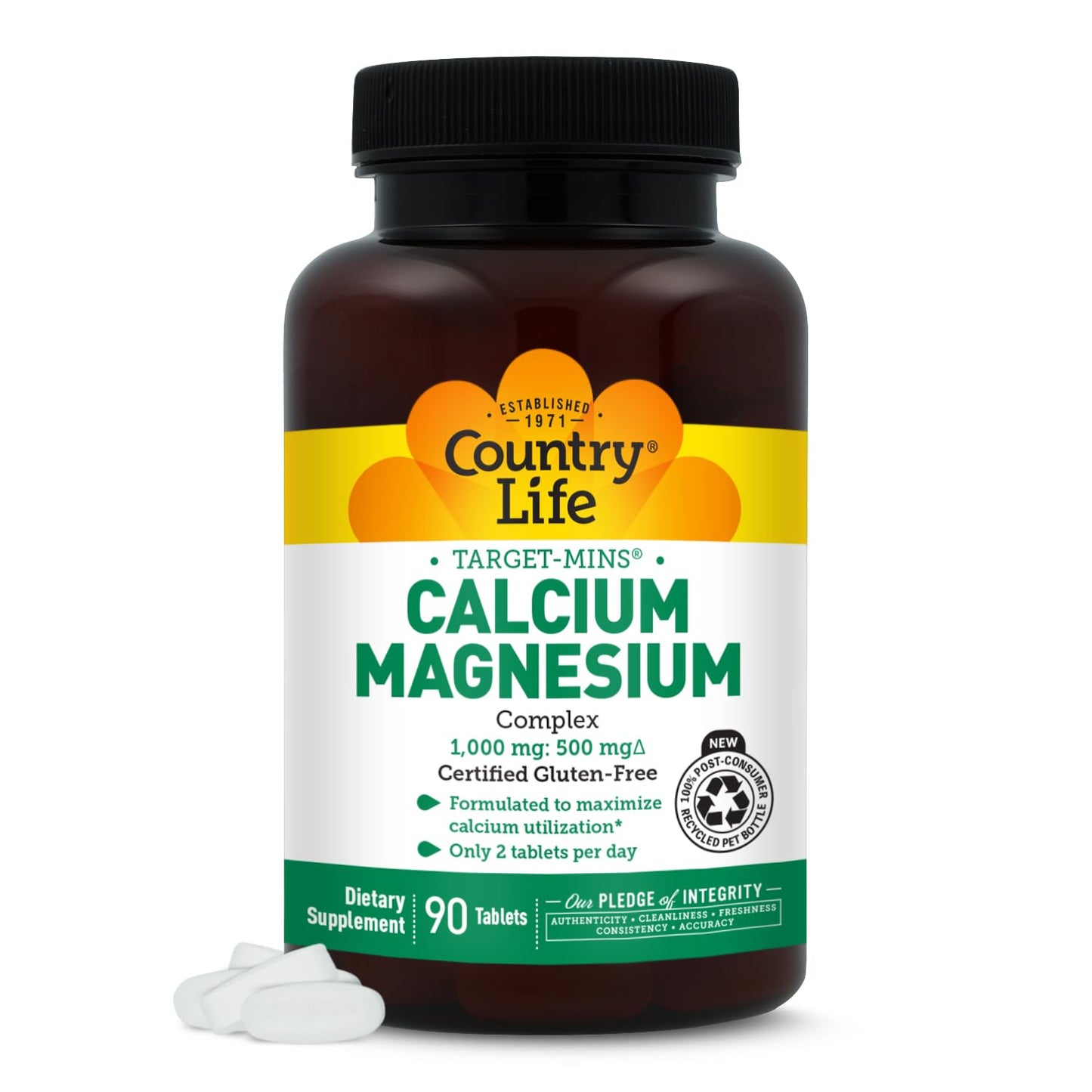 Country Life Target-Mins Calcium Magnesium Supplement for Bone Health, 1000mg Calcium, 500mg Magnesium, Gluten Free, 2:1 Ratio for Optimal Utilization