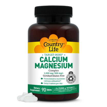 Country Life Target-Mins Calcium Magnesium Supplement for Bone Health, 1000mg Calcium, 500mg Magnesium, Gluten Free, 2:1 Ratio for Optimal Utilization