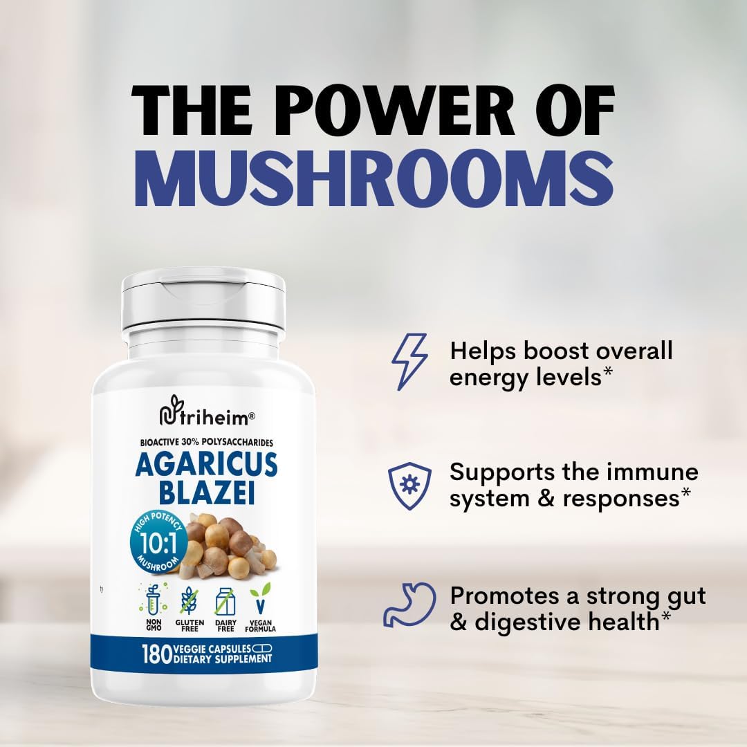 Agaricus Blazei Organic Mushroom Extract for Immune & Energy Support - 30% Polysaccharides & 180 Veggie Capsules - Non-GMO, Gluten-Free, Vegan-Friendly Supplement