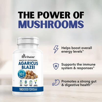 Agaricus Blazei Organic Mushroom Extract for Immune & Energy Support - 30% Polysaccharides & 180 Veggie Capsules - Non-GMO, Gluten-Free, Vegan-Friendly Supplement