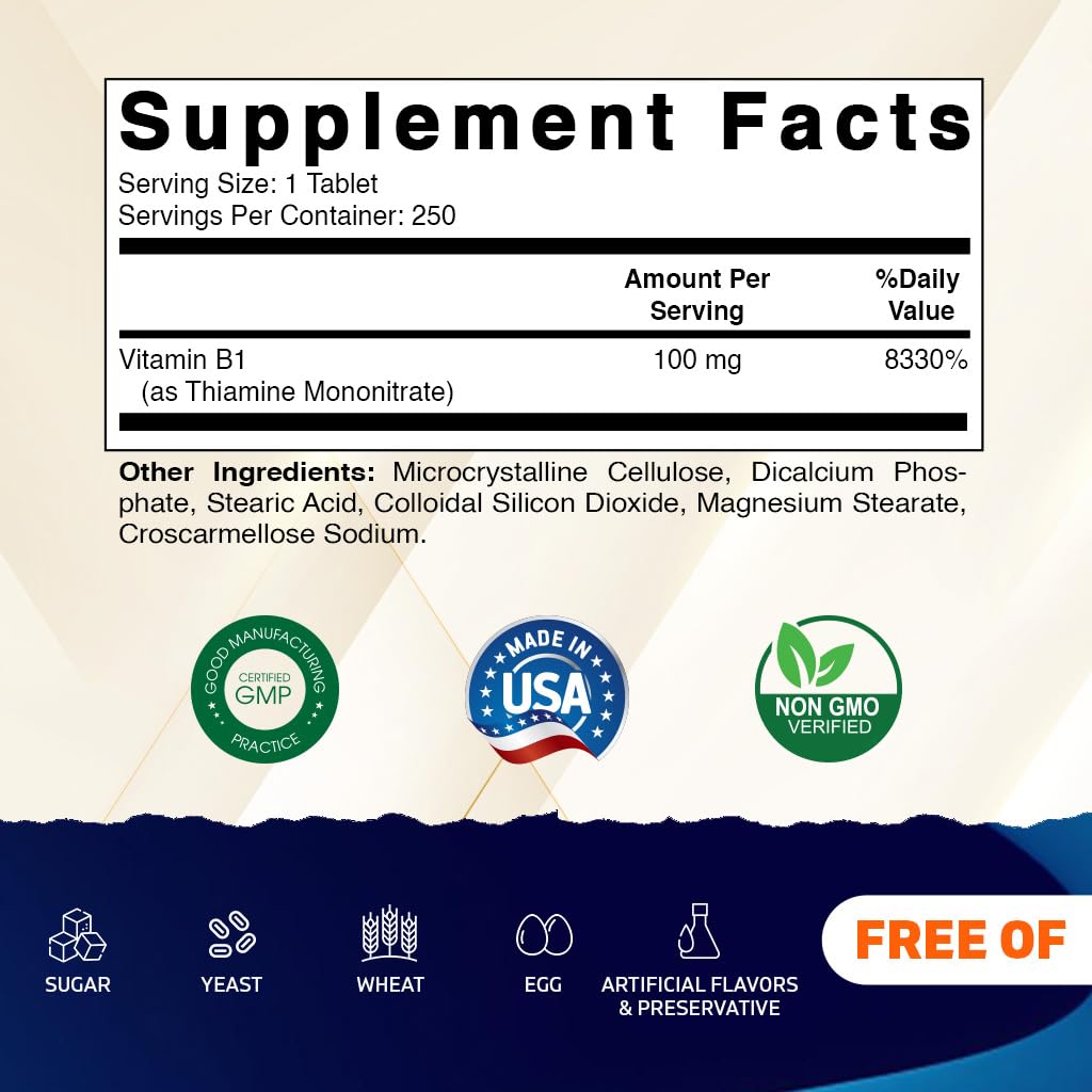 Vitamatic Vitamin B1 100 mg, 250 Tablets, Non-GMO, Thiamine | Support Energy Metabolism & Nervous System Health*, Gluten Free, Made in USA