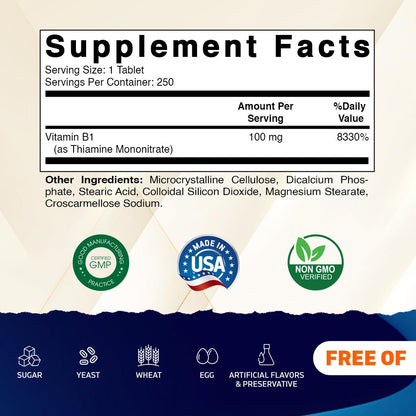Vitamatic Vitamin B1 100 mg, 250 Tablets, Non-GMO, Thiamine | Support Energy Metabolism & Nervous System Health*, Gluten Free, Made in USA