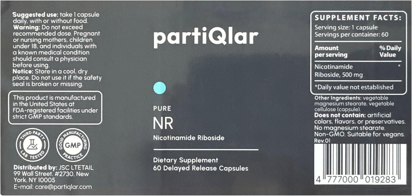 partiQlar NR Supplement - High Purity Nicotinamide Riboside Capsules - NAD+ Booster for Anti-Aging, Cellular Energy & Repair - Alternative to NMN - 60 Veggie Capsules