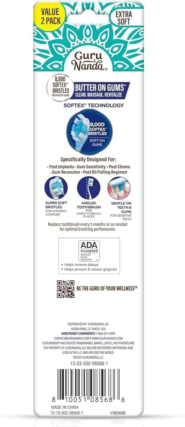 GuruNanda Butter On Gums Toothbrush, ADA Accepted, with 8000+ Ultra Soft Softex Bristles for Sensitive & Receding Gums, Perfect for Whiter Teeth, 8 Ct