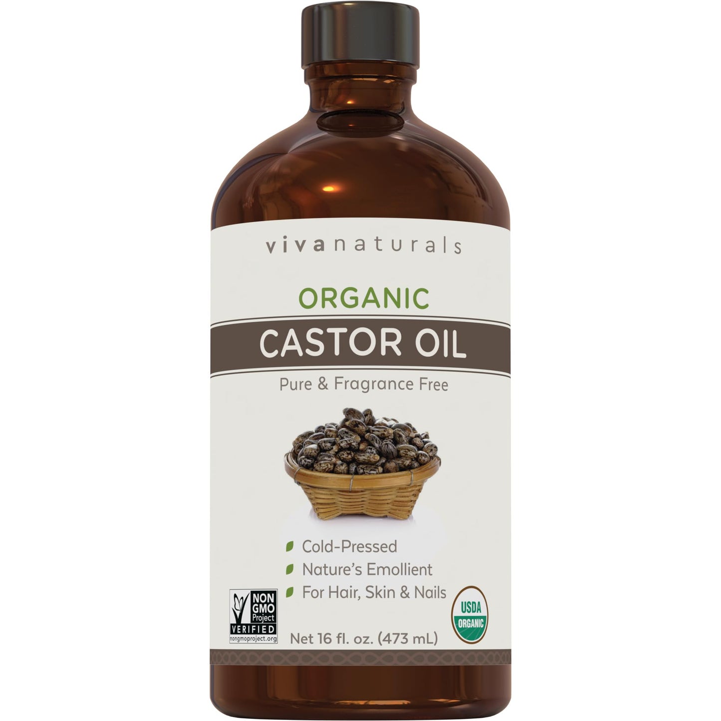 Viva Naturals Organic Castor Oil, Cold-Pressed, 16 fl oz – For Face, Hair, Eyelashes, USDA Organic, Non-GMO - With Beauty Kit