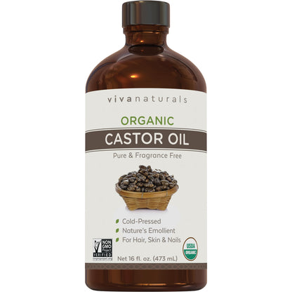 Viva Naturals Organic Castor Oil, Cold-Pressed, 16 fl oz – For Face, Hair, Eyelashes, USDA Organic, Non-GMO - With Beauty Kit