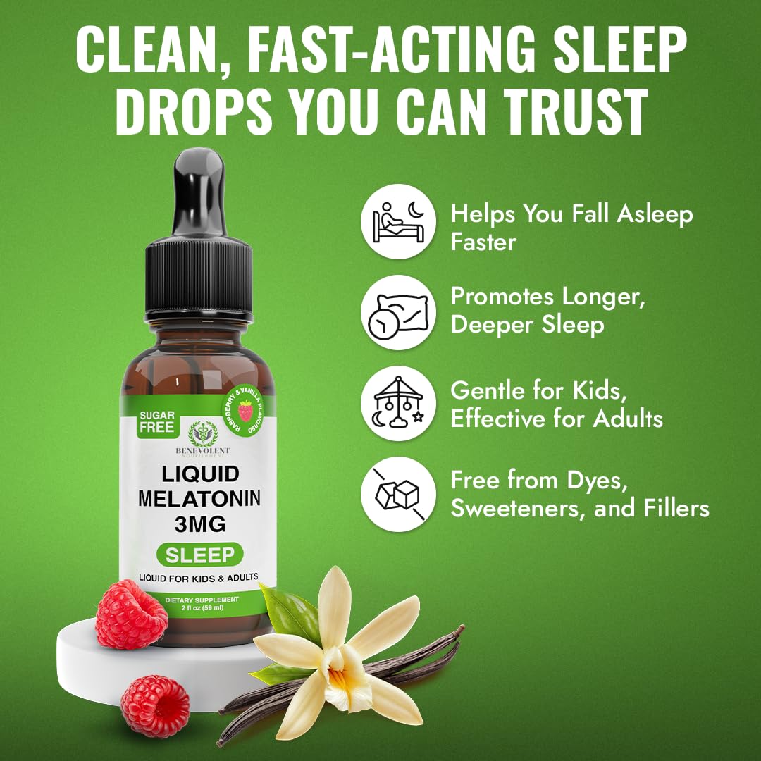 Benevolent Liquid Melatonin Drops for Adults and Kids 3mg - Fast-Acting Sleep Drops to Fall Asleep Faster & Longer - Non-GMO & Made in USA - Berry Vanilla Flavor, 2 Month Supply