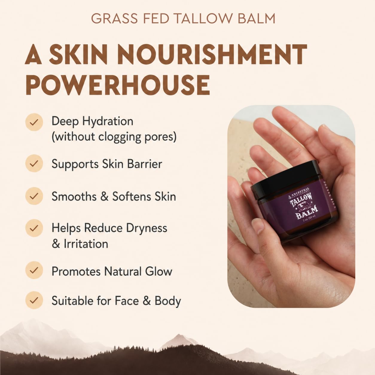 Ancestral Supplements Tallow Balm with Collagen, Face & Body, 2 oz | Whipped beef tallow for skin moisturizes face & body with vitamins A, D, E and K, plus an essential oil blend scent.