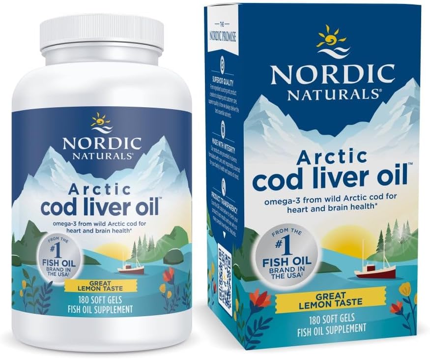 Nordic Naturals Arctic Cod Liver Oil, Lemon - 180 Soft Gels - 750 mg Total Omega-3s with EPA & DHA - Heart & Brain Health, Healthy Immunity, Overall Wellness - Non-GMO - 60 Servings | 750mg Total Omega-3s per serving. Heart & brain health, immunity suppor