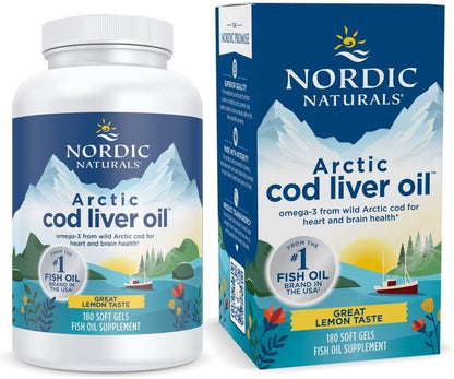 Nordic Naturals Arctic Cod Liver Oil, Lemon - 180 Soft Gels - 750 mg Total Omega-3s with EPA & DHA - Heart & Brain Health, Healthy Immunity, Overall Wellness - Non-GMO - 60 Servings | 750mg Total Omega-3s per serving. Heart & brain health, immunity suppor