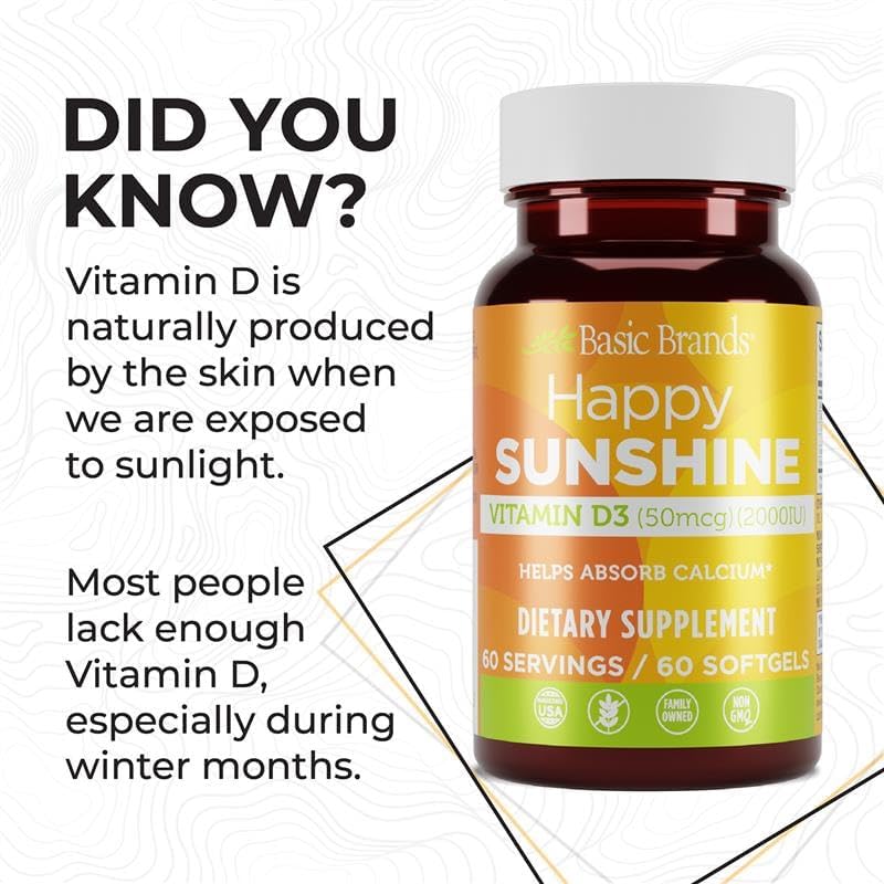 Basic Brands Happy Sunshine Vitamin D3 2000 IU | Gluten-Free, 60 Softgels