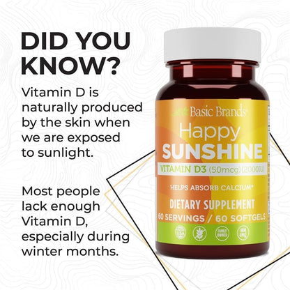 Basic Brands Happy Sunshine Vitamin D3 2000 IU | Gluten-Free, 60 Softgels