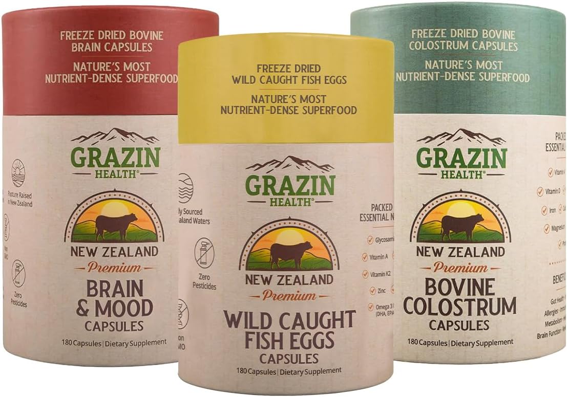 Brain Mood & Focus Bundle | Brain + Fish Eggs + Colostrum | Whole-Food, Grass-Fed, New Zealand Sourced Omega-3 & DHA Rich Supplements for Clean Daily Nutrition