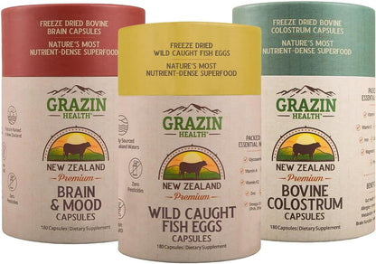 Brain Mood & Focus Bundle | Brain + Fish Eggs + Colostrum | Whole-Food, Grass-Fed, New Zealand Sourced Omega-3 & DHA Rich Supplements for Clean Daily Nutrition