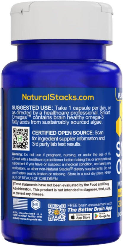 Smart Omegas Algae Omega 3 with Blue Spirulina and DHA, 30 Capsules | Plant based algae oil with 200mg DHA. Fish oil free antioxidant support for brain and heart. Vegan friendly.