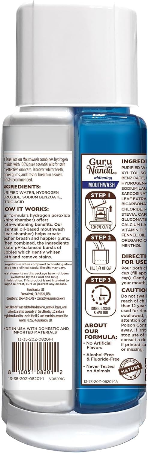 GuruNanda Teeth Whitening Dual Barrel Oxyburst Mouthwash - Alcohol & Fluoride Free, Hydrogen Peroxide to Promote Whiter Teeth - Wild Mint - 20 Fl Oz