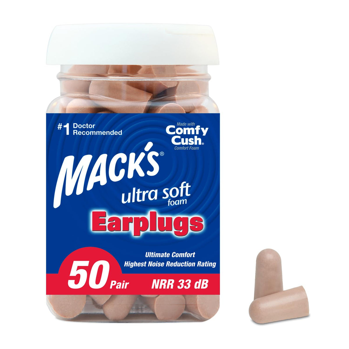 Mack's Ultra Soft Foam Earplugs, 50 Pair - 33dB Highest NRR, Comfortable Ear Plugs