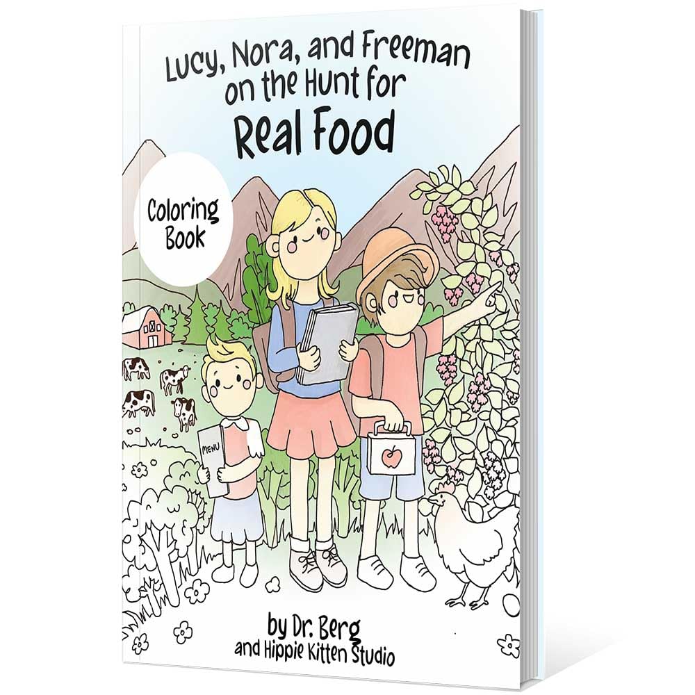 Lucy, Nora, and Freeman on the Hunt for Real Food – Story Book, Coloring Book, Flashcards