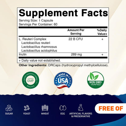 Vitamatic Lactobacillus Reuteri Complex – 22 Billion CFU per Delayed Release Capsule – 60 Capsules – Digestive & Gut Health Support – with Prebiotic Inulin Fiber
