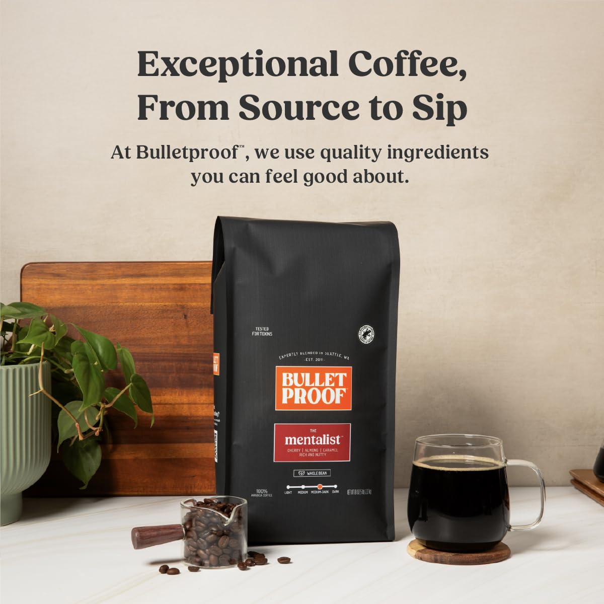 Bulletproof Original Medium Roast Whole Bean Coffee, 12 Ounces, Clean Coffee Tested for Toxins