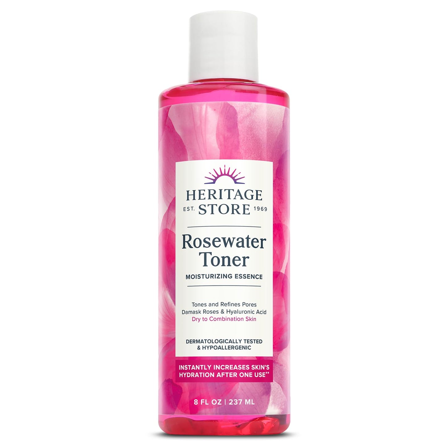 Heritage Store Rosewater Facial Toner with Hyaluronic Acid, Dry to Combination Skin Care, Hydrating Toner Refines Pores & Minimizes the Appearance of Fine Lines & Wrinkles, Alcohol Freeǂ, Vegan, 8oz