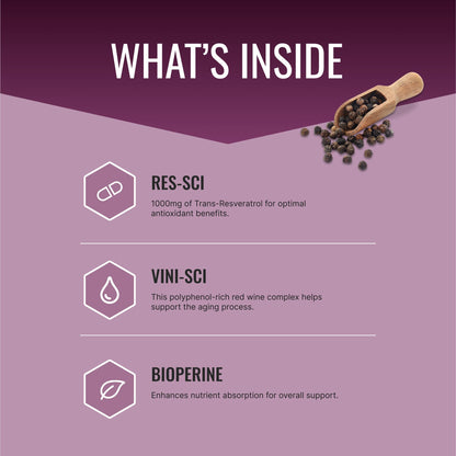 Approved Science® Resveratrol - 1000 mg of Trans Resveratrol - 250 mg of Polyphenol - 98% Purity Level - Includes Bioperine® - 60 Vegan Friendly Capsules - 1 Bottle