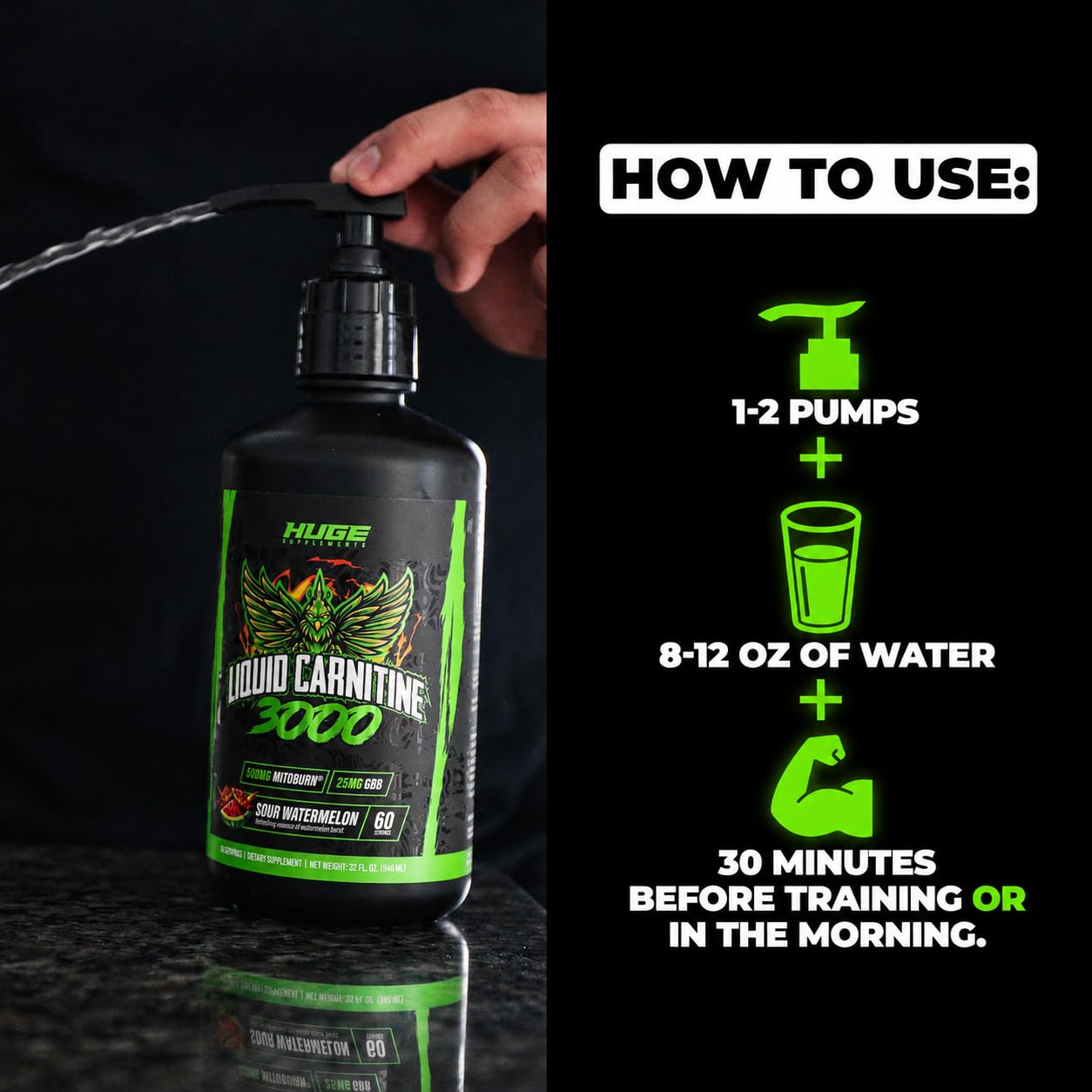 Huge Supplements Liquid L-Carnitine 3000, Superior Potency Infused with 500mg MitoBurn & 25mg GBB, Premium Stim-Free & Energy Boost, Convenient Pump Top, 32 Oz (60 Servings)