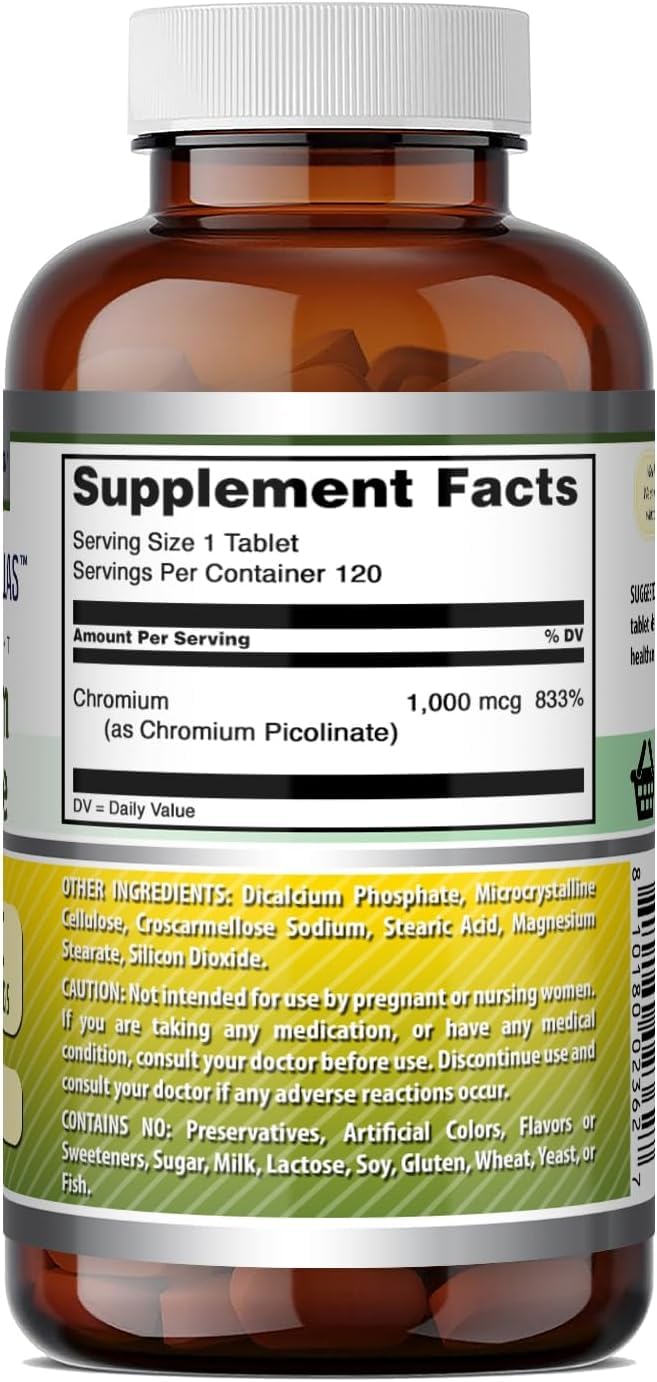 Amazing Formulas Chromium Picolinate 1000 Mcg | Tablets Supplement | Non-GMO | Gluten-Free | Made in USA (120 Count, 1 Pack)