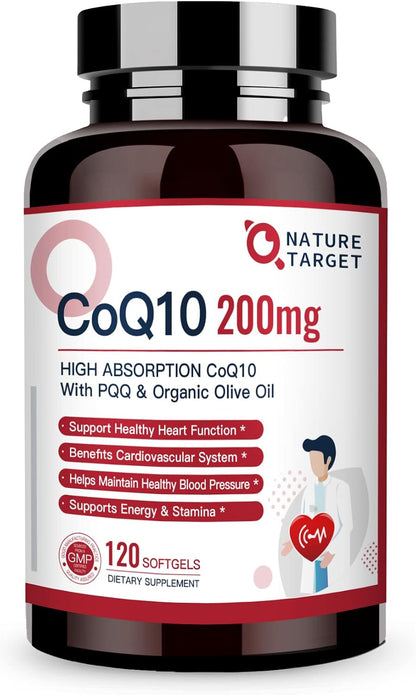 NATURE TARGET CoQ10 200mg Softgels with PQQ, 120 Servings | High Absorption Coenzyme Q10 with Olive Oil, Antioxidant for Heart Health, Immune Support, Energy Production