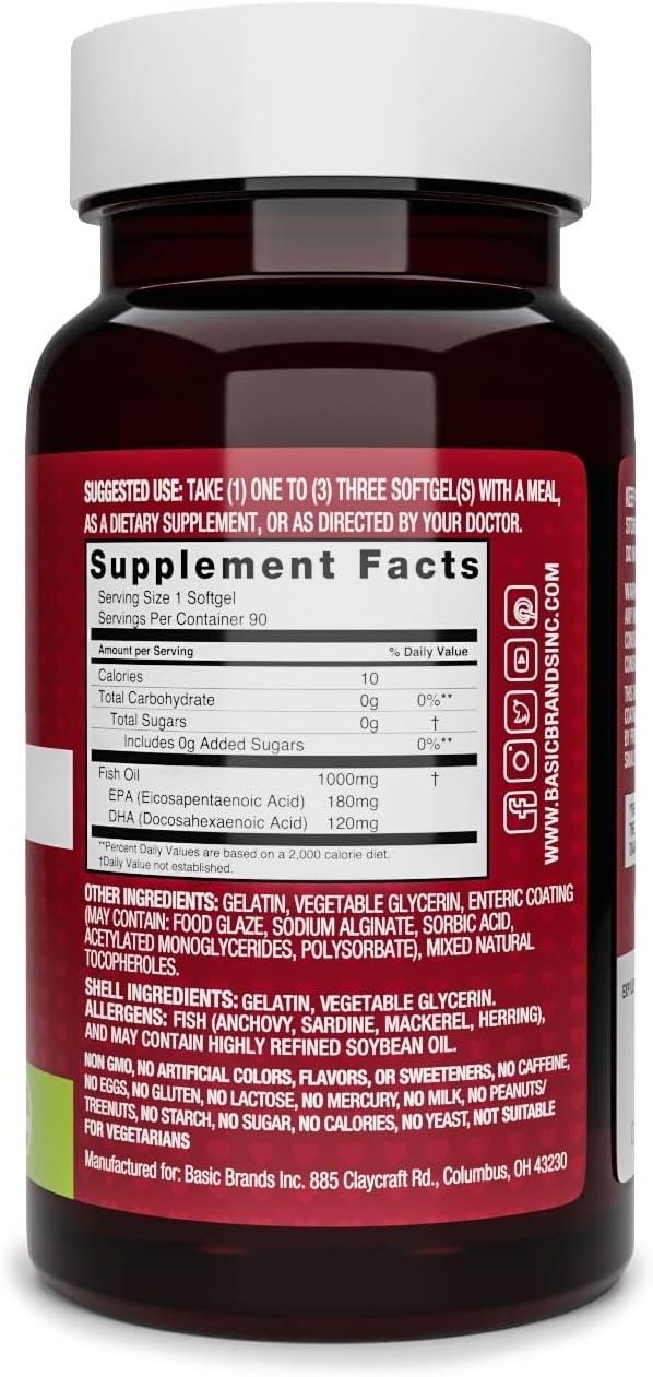 Basic Brands Smart Heart Odorless Omega-3 Fish Oil, Burp-Less, No Fishy Smell, 1000 mg, 90 Count | EPA DHA, Burpless, Heart Brain Joint, 90 Softgels