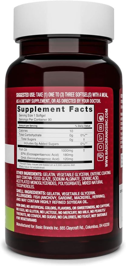 Basic Brands Smart Heart Odorless Omega-3 Fish Oil, Burp-Less, No Fishy Smell, 1000 mg, 90 Count | EPA DHA, Burpless, Heart Brain Joint, 90 Softgels